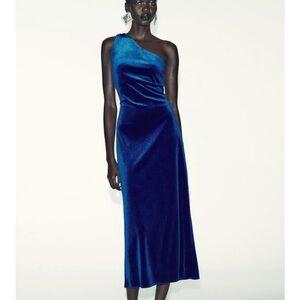 Zara blue ASYMMETRIC VELVET MIDI DRESS